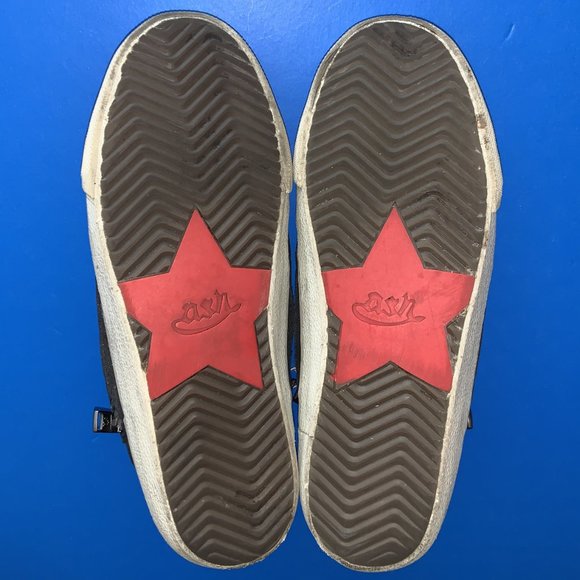 ASH SPOT BIS SIZE 5 BLACK LEATHER UPPERS SNEAKER SHOES W/ SHIMMER SIDE PANELS - Picture 5 of 6